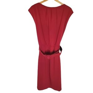 Burgundy Short Sleeve Vintage Belted Dress with Round Buckled Belt